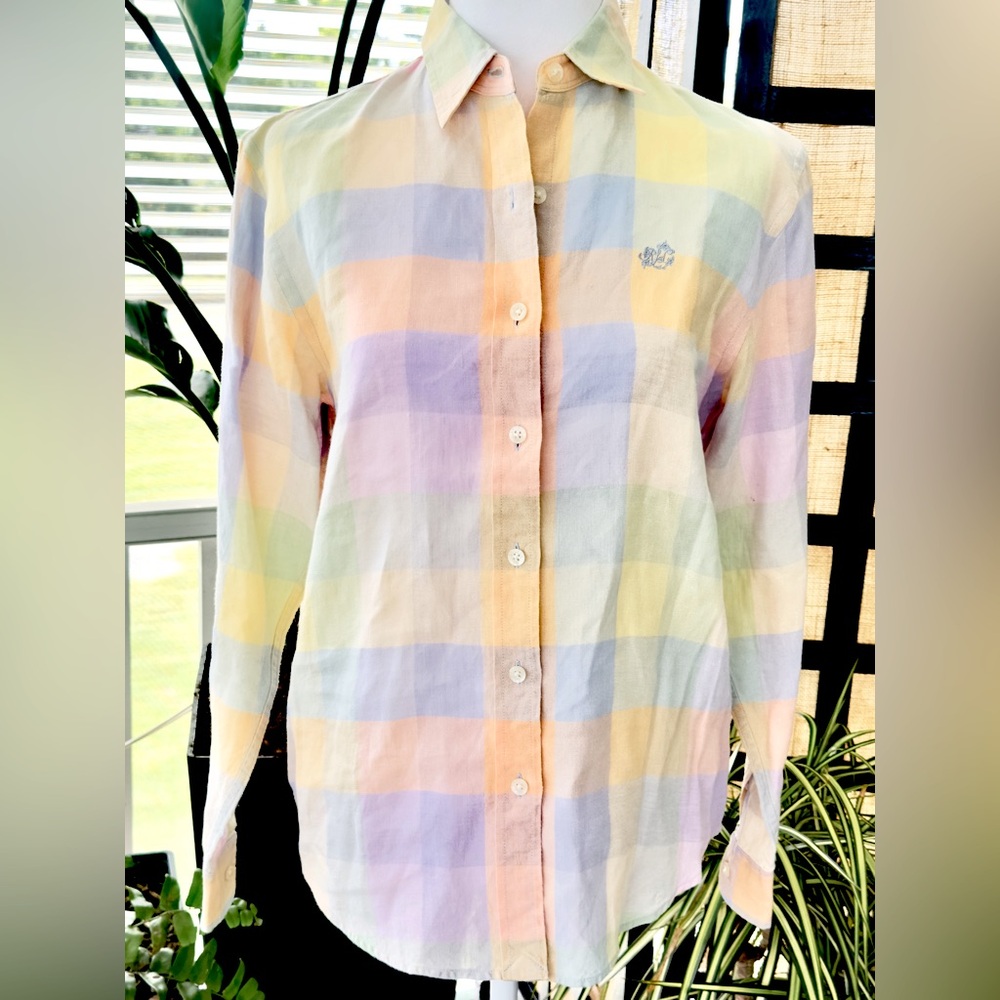 ⛔️SOLD⛔️Ralph Lauren 100% Linen Pastel Plaid Long Sleeve Button Up SML